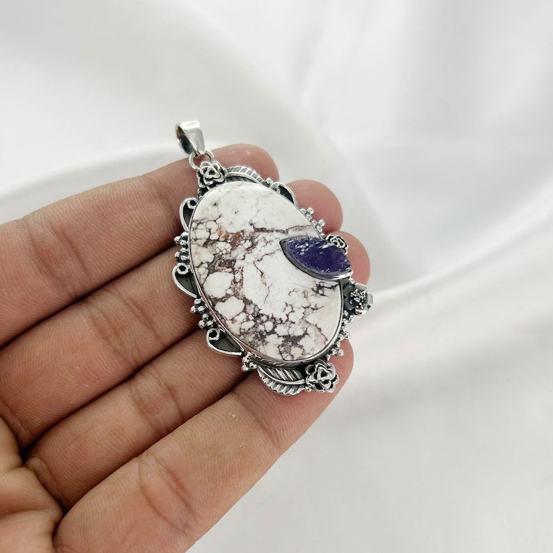 Natural Wild Horse magnesite & Rough Amethyst Pendant By Harshita Jewellery