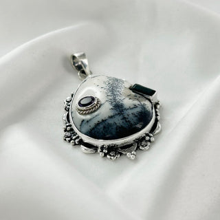 Natural Dendrite Opal & Green Onyx, Amethyst Pendant By Harshita Jewellery
