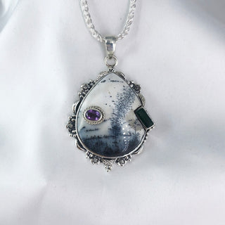 Natural Dendrite Opal & Green Onyx, Amethyst Pendant By Harshita Jewellery