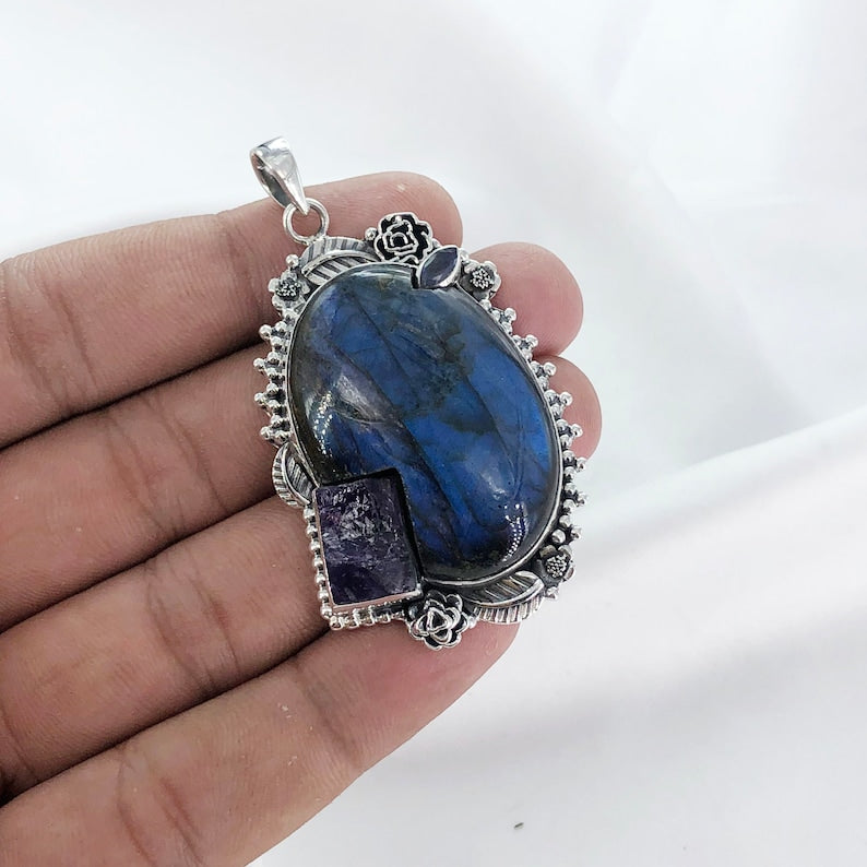 Natural Labradorite And Rough Amethyst Pendant By Harshita Jewellery