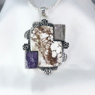 Natural wild horse jasper And Rough Amethyst, Rose Quartz Pendant By Harshita Jewellery