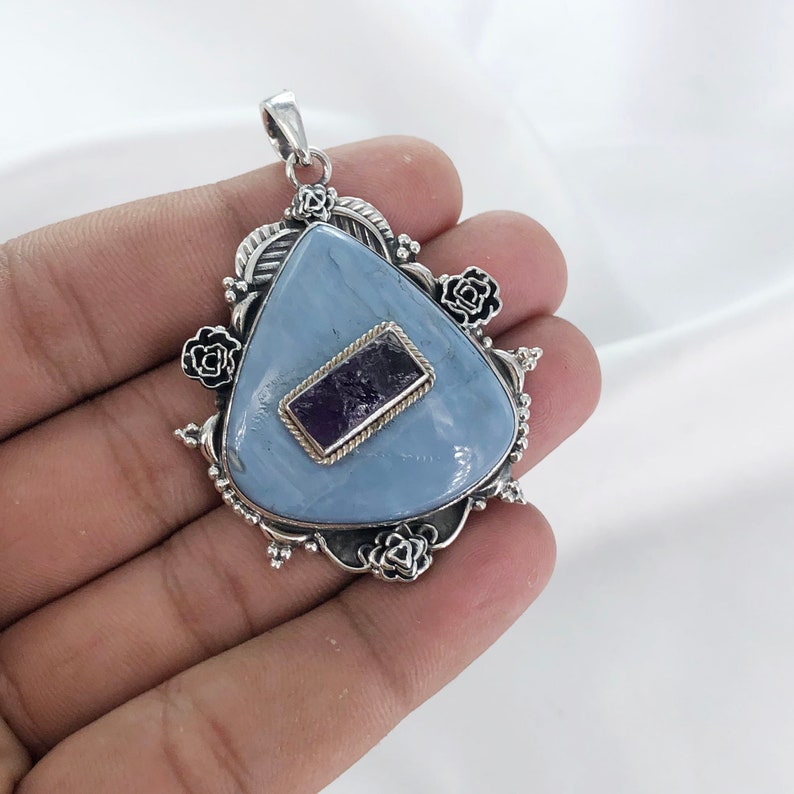 Natural Blue Opal & Amethyst Gemstone Pendant By Harshita Jewellery