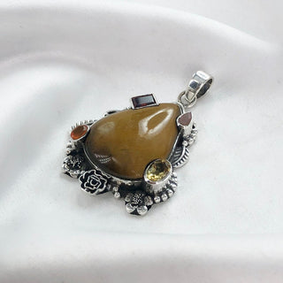 Natural Tiger's Eye, Rose Quartz, Garnet, Citrine & Carnelian Pendant By Harshita Jewellery