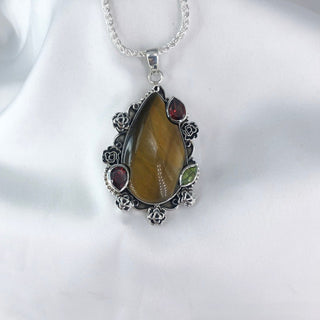Natural Tiger's Eye, Rose Quartz, Garnet, Citrine & Carnelian Pendant By Harshita Jewellery