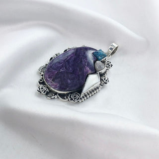 Natural Charoite, Apatite, Rose Quartz& White Opal Pendant By Harshita Jewellery