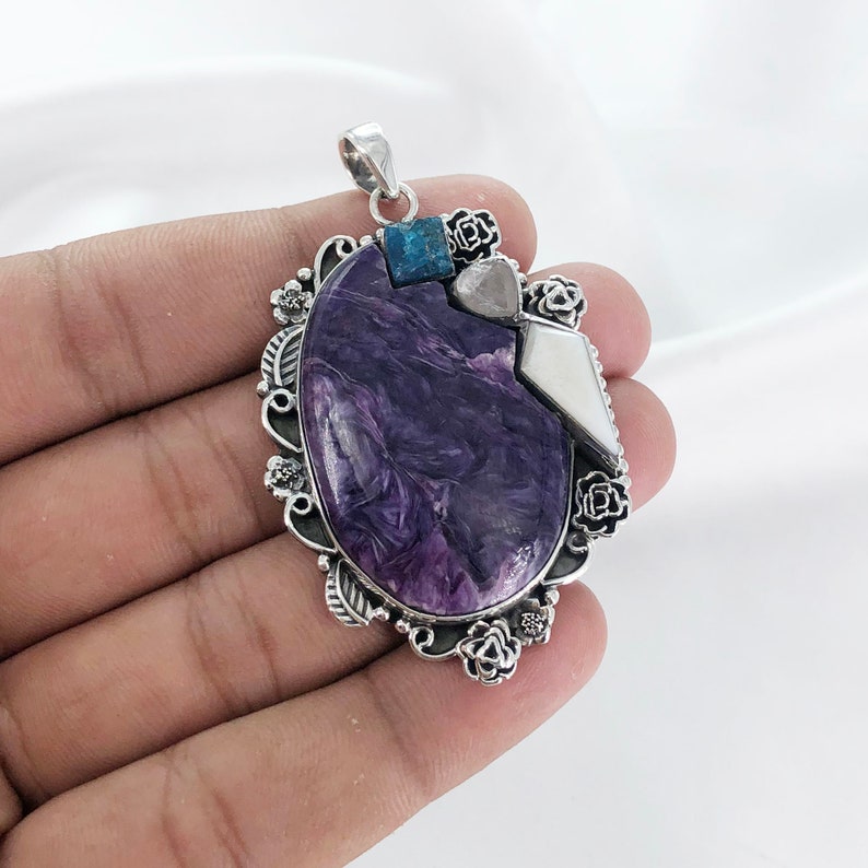 Natural Charoite, Apatite, Rose Quartz& White Opal Pendant By Harshita Jewellery
