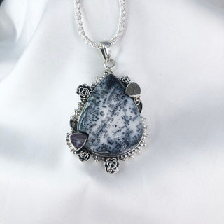 Natural Dendrite Opal & Raw Amethyst Gemstone Pendant By Harshita Jewellery