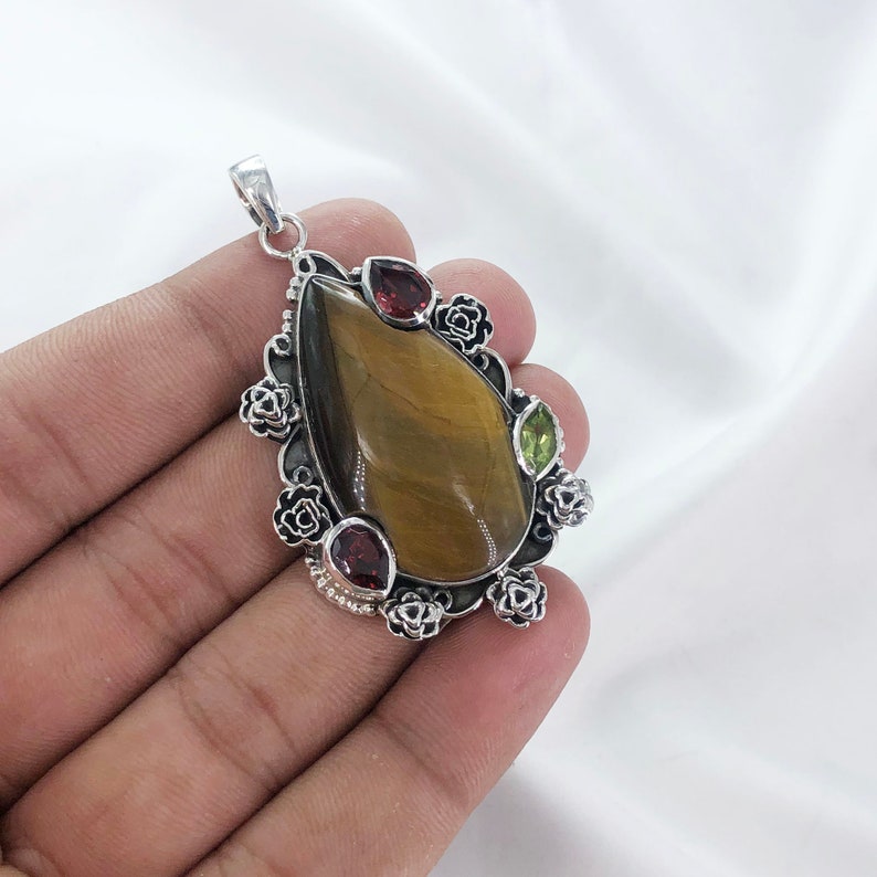 Natural Tiger's Eye, Garnet & Peridot Gemstone Pendant By Harshita Jewellery