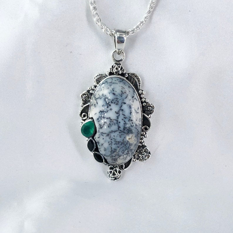 Natural Dendrite Opal, Black Onyx And Green Onyx Pendant By Harshita Jewellery