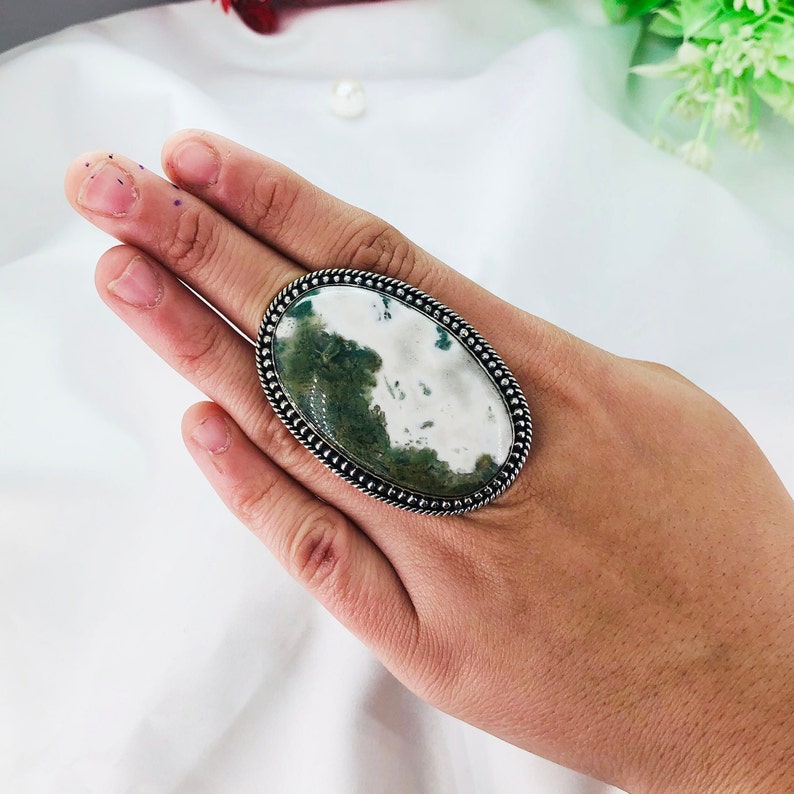 Natural Green moss Agate Ring By Harshita Jewellery