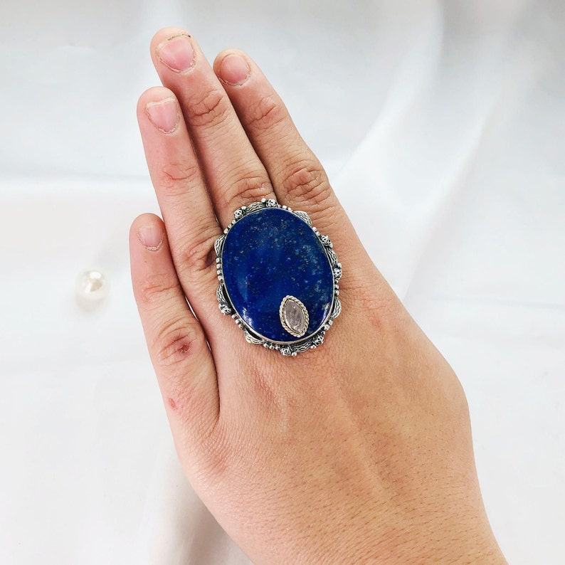 Natural Lapis Lazuli And Rough Rose Quartz Ring By Harshita Jewellery