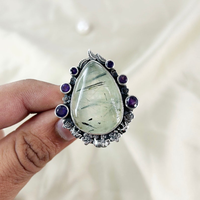Natural Prehnite & Amethyst Ring By Harshita Jewellery