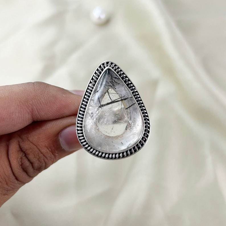 Natural Black Rutile Quartz Ring By Harshita Jewellery