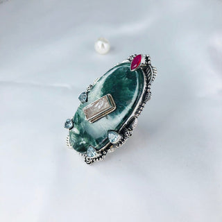 Natural Seraphinite, Ruby, Rose Quartz And Blue Topaz Ring By Harshita Jewellery