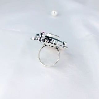 Natural Seraphinite, Ruby, Rose Quartz And Blue Topaz Ring By Harshita Jewellery
