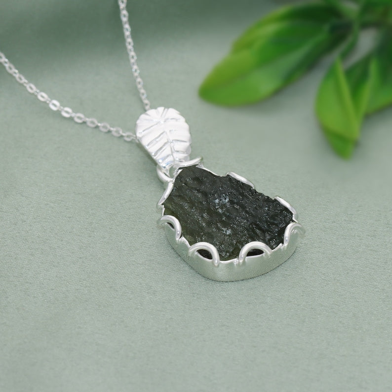 Genuine Moldavite Raw Pendant For Girls 925 Sterling Silver Jewelry