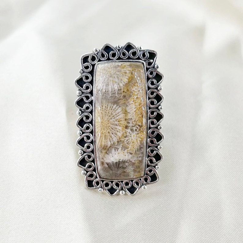 Natural Fossil Coral Ring By Harshita Jewellery