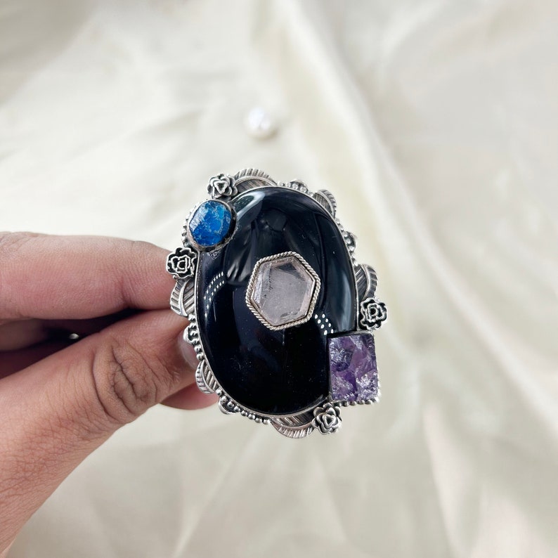 Natural Black Onyx, Rose Quartz, Amethyst & Apatite Gemstone Ring By Harshita Jewellery