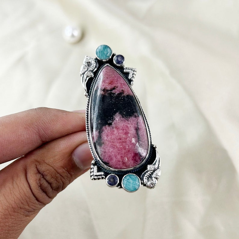 Natural Rhodonite, Amethyst & Amazonite Ring By Harshita Jewellery
