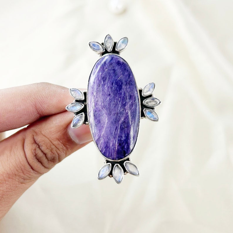 Rainbow Moonstone & Charoite Ring By Harshita Jewellery