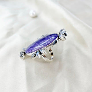 Rainbow Moonstone & Charoite Ring By Harshita Jewellery