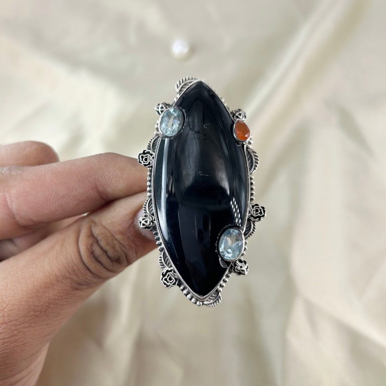 Natural Black Onyx, Carnelian & Blue Topaz Ring By Harshita Jewellery