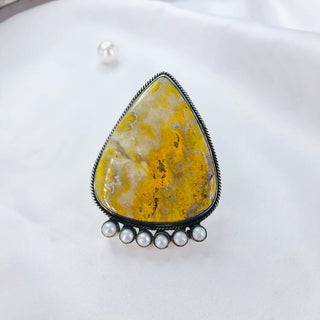 Natural White Pearl & Bumble bee Jasper Ring By Harshita Jewellery