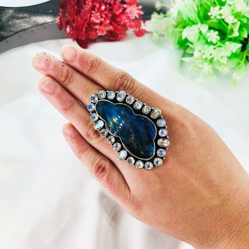 Rainbow Moonstone and Labradorite ring By Harshita Jewellery