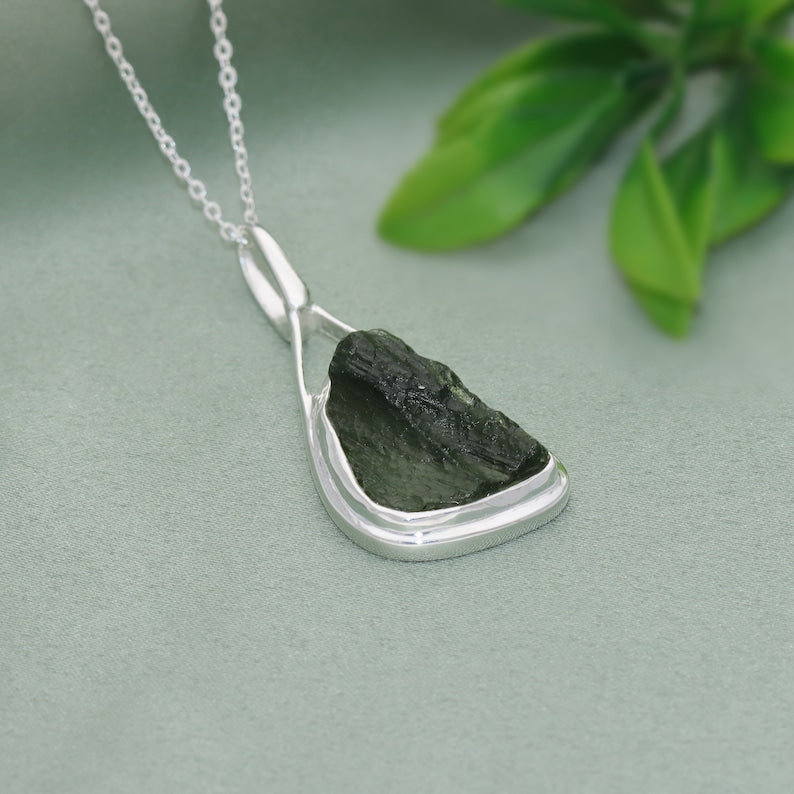 Natural Moldavite Raw Pendant For Girls 925 Sterling Silver Jewelry