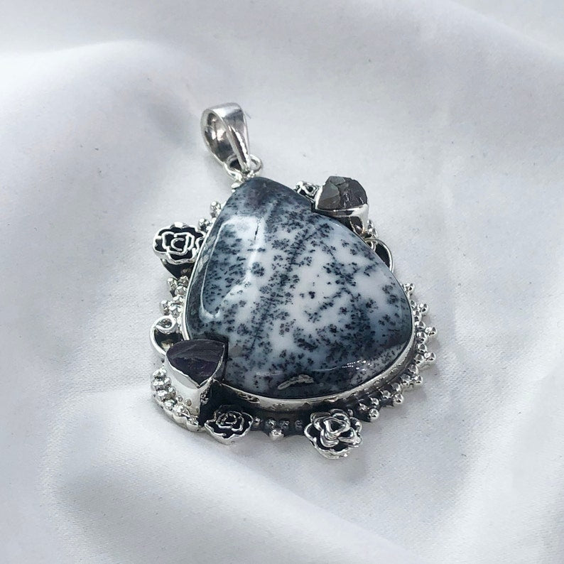 Natural Dendrite Opal & Raw Amethyst Gemstone Pendant By Harshita Jewellery