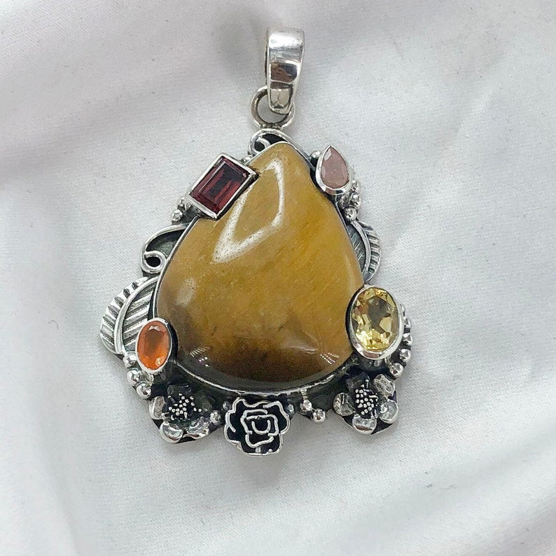 Natural Tiger's Eye, Rose Quartz, Garnet, Citrine & Carnelian Pendant By Harshita Jewellery