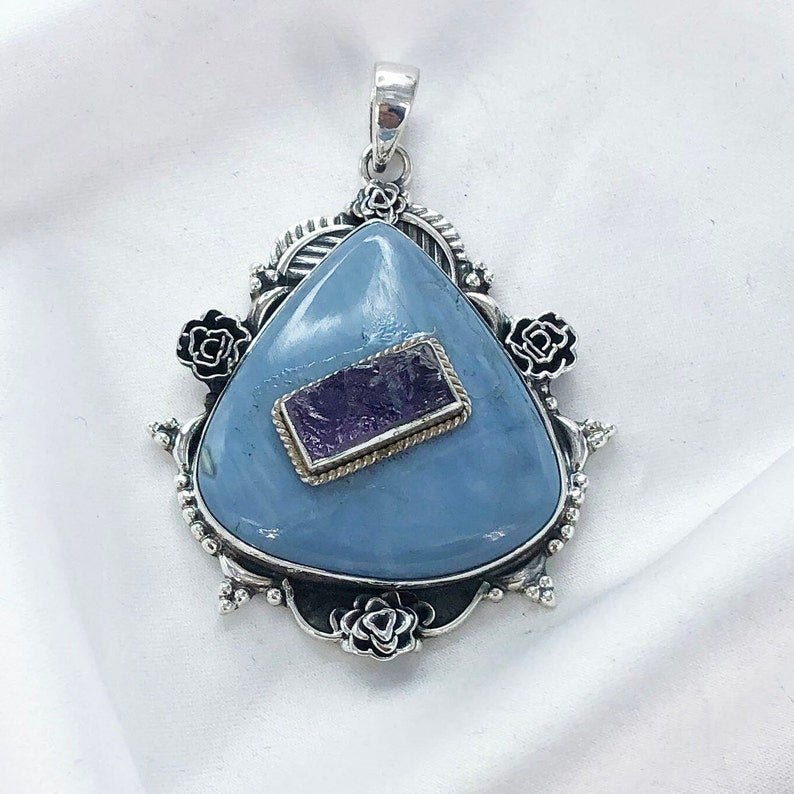 Natural Blue Opal & Amethyst Gemstone Pendant By Harshita Jewellery