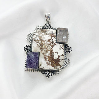 Natural wild horse jasper And Rough Amethyst, Rose Quartz Pendant By Harshita Jewellery