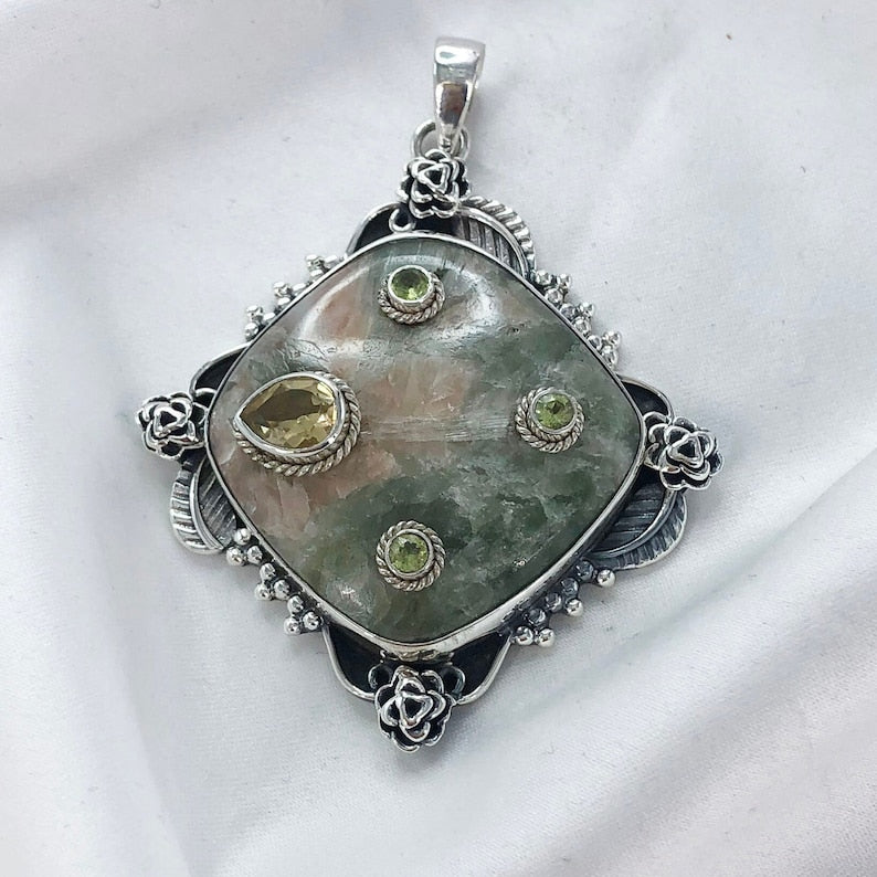 Natural Vessonite, Peridot & Citrine Pendan By Harshita Jewellery