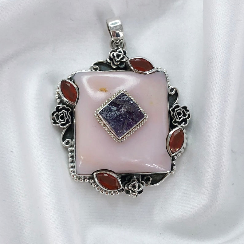 Natural Pink Opal, Amethyst & Carnelian Pendant By Harshita Jewellery