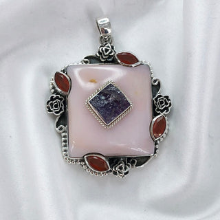 Natural Pink Opal, Amethyst & Carnelian Pendant By Harshita Jewellery