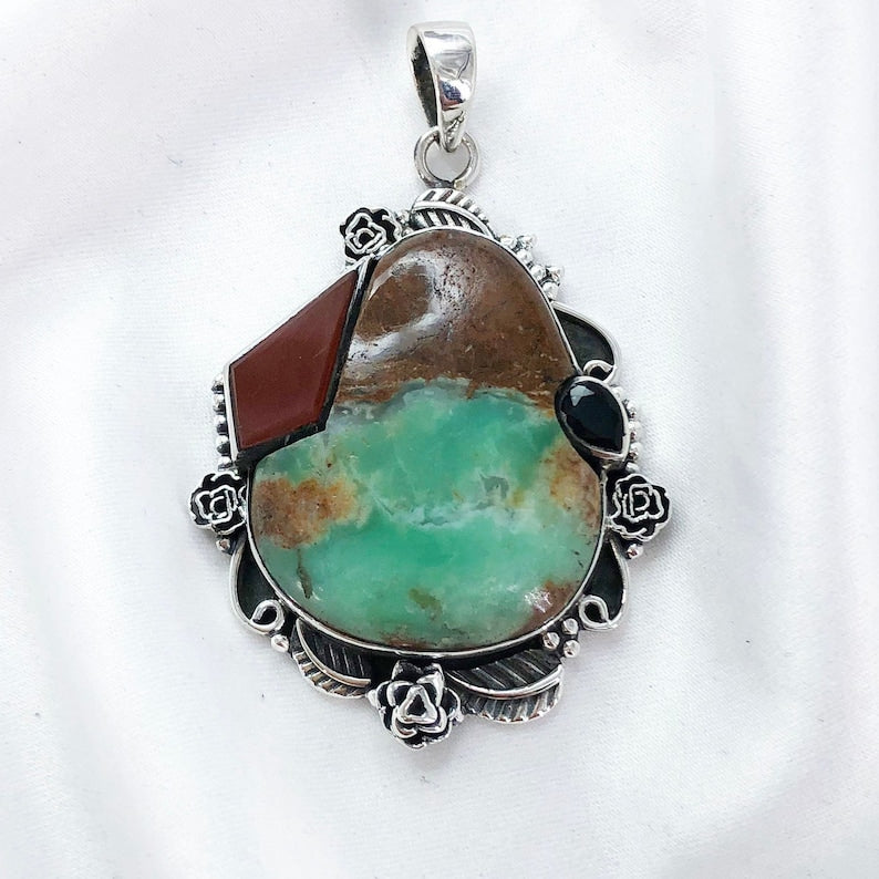 Natural Chrysoprase, Black Onyx & Carnelian Pendant By Harshita Jewellery