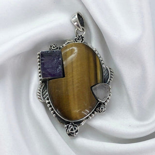 Natural  Tiger's Eye, Rose Quartz, Amethyst, Pendant By Harshita Jewellery