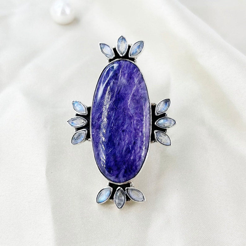 Rainbow Moonstone & Charoite Ring By Harshita Jewellery