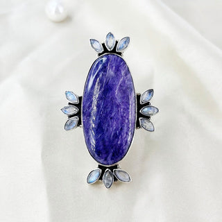 Rainbow Moonstone & Charoite Ring By Harshita Jewellery