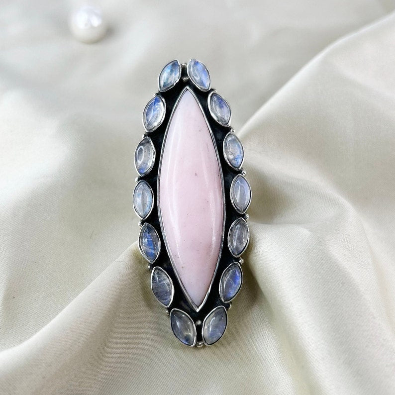 Natural Pink Opal & Moonstone Ring By Harshita Jewellery
