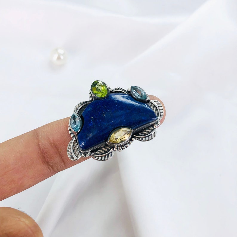Natural Lapis lazuli, Blue Topaz, Citrine & Peridot Ring By Harshita Jewellery
