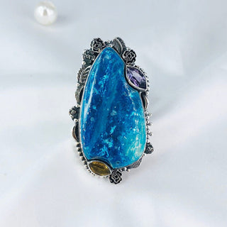 Natural Chrysocolla, Amethyst & Peridot Ring By Harshita Jewellery