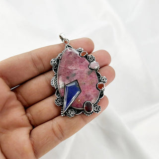 Natural Rhodonite, Lapis Lazuli, Carnelian, Garnet & Rose Quartz Gemstone Pendant By Harshita Jewellery