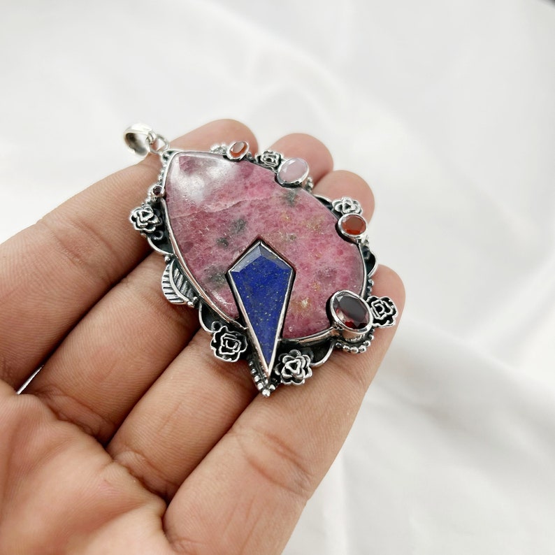 Natural Rhodonite, Lapis Lazuli, Carnelian, Garnet & Rose Quartz Gemstone Pendant By Harshita Jewellery