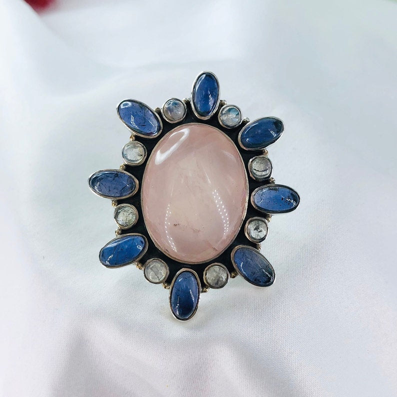 Natural Rose Quartz, Amethyst & Rainbow Moonstone Ring By Harshita Jewellery