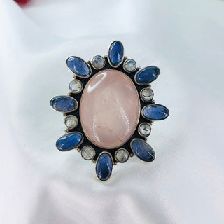 Natural Rose Quartz, Amethyst & Rainbow Moonstone Ring By Harshita Jewellery