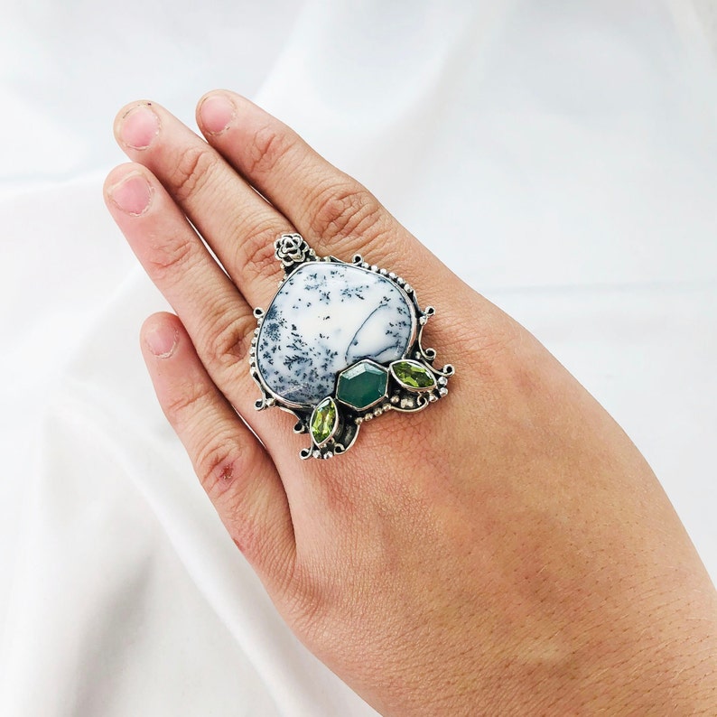 Natural Dendrite Opal, Peridot & Green Sapphire Gemstone Ring By Harshita Jewellery