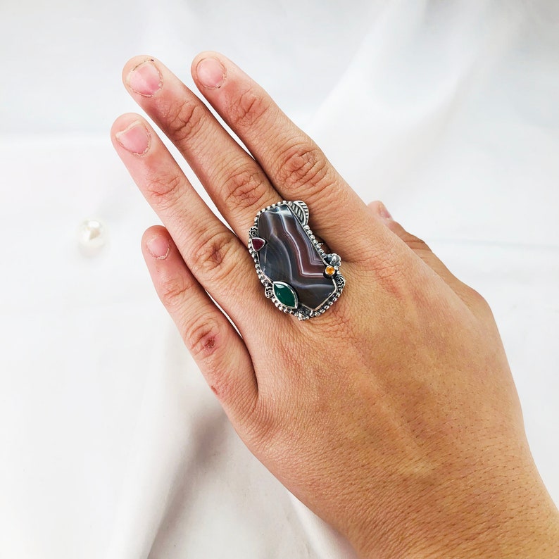 Natural Botswana Agate, Garnet, Citrine, Green Onyx Ring By Harshita Jewellery