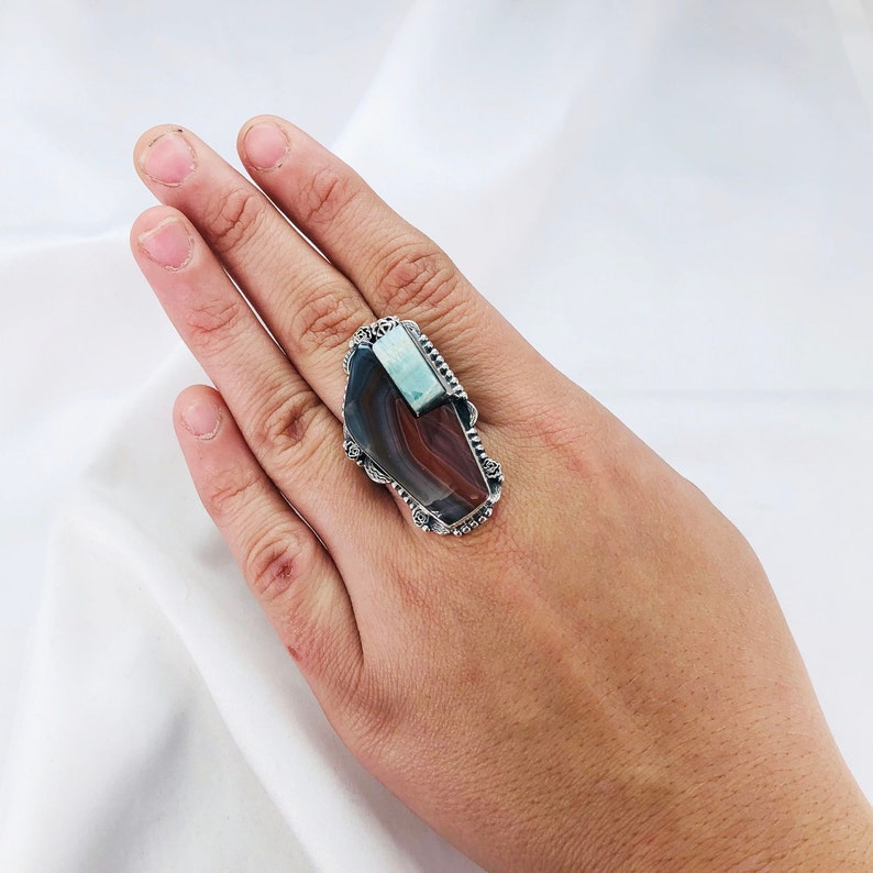 Natural Botswana Agate And Amazonite  Ring By Harshita Jewellery